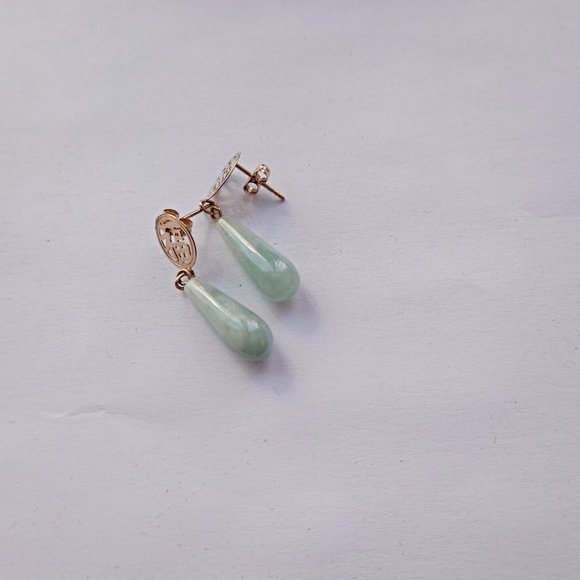 14K Gold Chinese Green Jade & Chinese Oriental  Symbol Tear Drop Dangle Earrings - Picture 2 of 3